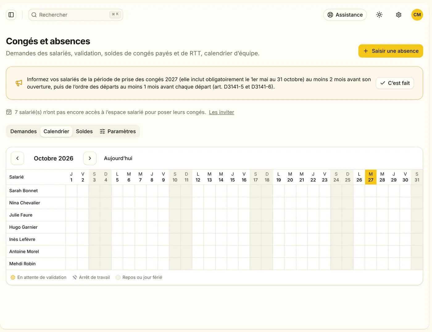 Écran Legistart : Congés et absences