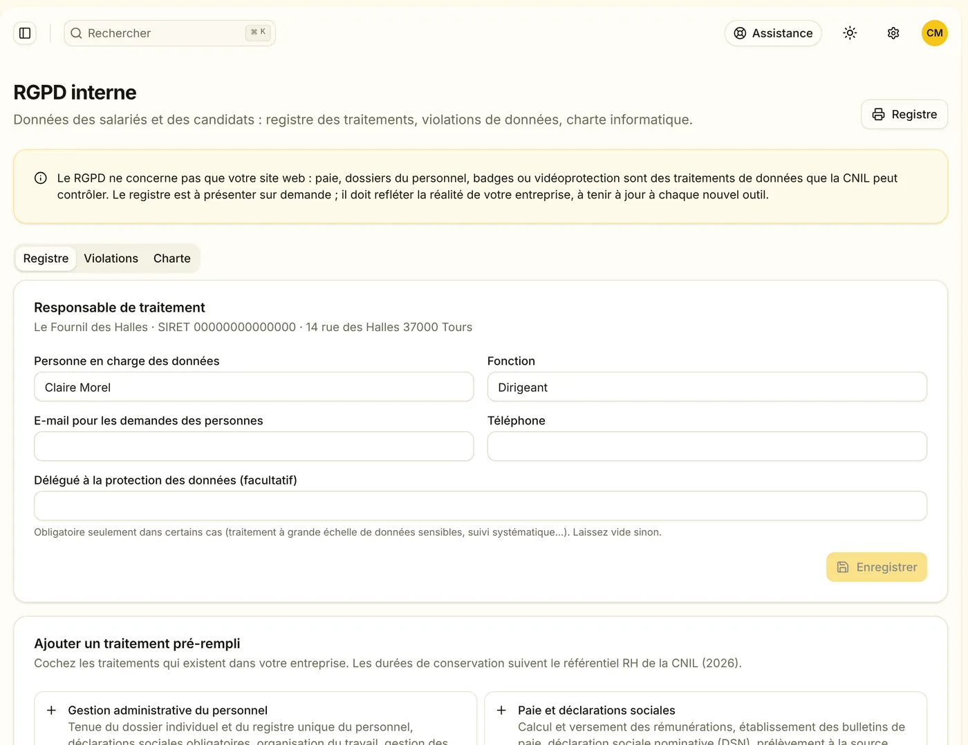 Le registre des traitements, pré-rempli à partir de modèles.